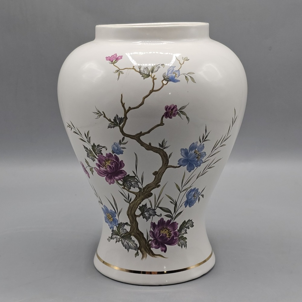 Vintage Ceramic Floral Flowers On Bushes Branches White Vase Urn 9"  Made USA